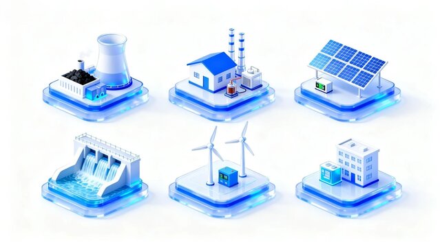 3D isometric clean-energy icon set — power plant, home, factory, solar, wind, hydro on white