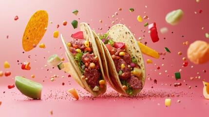 Vibrant tacos bursting with fresh ingredients. The colorful scene captures the essence of culinary joy. Perfect for food lovers and creators. Generative AI