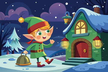 Cheerful elf walking in snowy winter landscape near a house