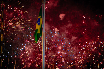 Brazilian flag in front of fireworks at Expo Osaka Kansai 2025.