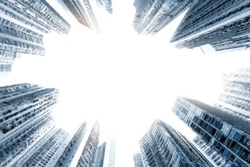 Transparent PNG big metropolitan city from below at daytime, isolated background. Tall corporate skyscrapers, modern urban lifestyle, business, commerce, office buildings