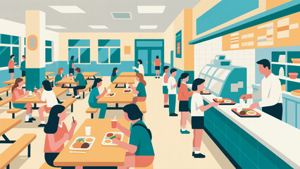 illustration of a busy school canteen scene showing various activities vector design template © BedRoses