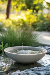 A bowl of water sitting on a rock in a garden