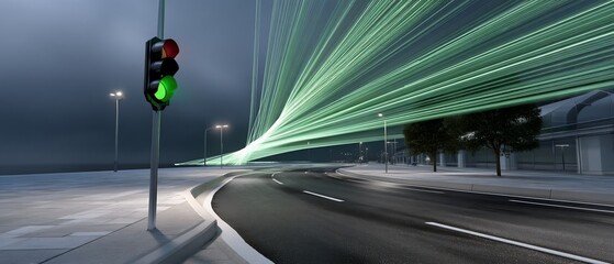 Green traffic light with streaks of light over curved road and modern buildings at night