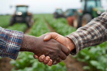 Diverse farmers shaking hands over a field of crops with tractors blurred in the distance