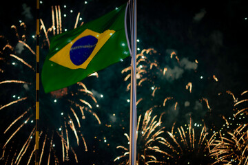 Brazilian flag in front of fireworks at Expo Osaka Kansai 2025.