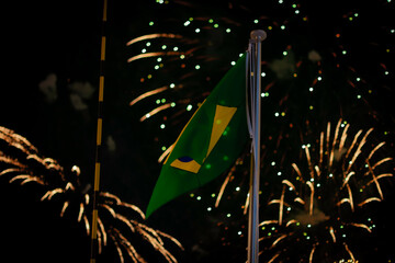 Brazilian flag in front of fireworks at Expo Osaka Kansai 2025.