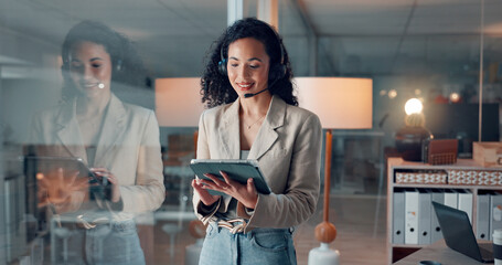 Browsing, tablet and woman with headset in call center, smile and talk for lead generation at...