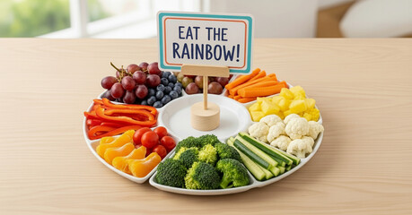 Colorful rainbow vegetable and fruit platter with 