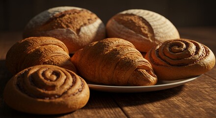 Freshly baked assorted bread rolls and croissants on a white plate placed on a wooden surface with warm lighting