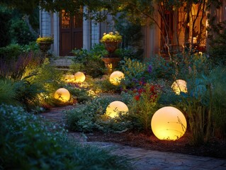 A garden with a lot of lights