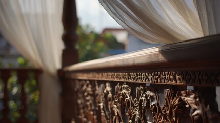 A close up of a wooden fence with a curtain