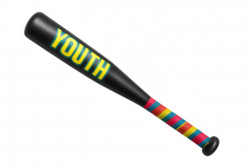 Black baseball bat featuring colorful grip, youth-branded, isolated on transparent background, ideal for sports design elements