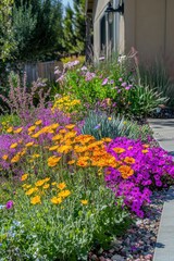 A garden with flowers and plants in the fore