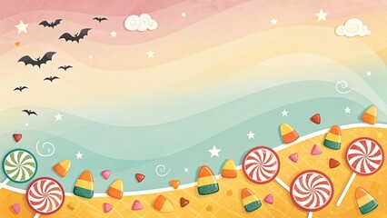 Halloween Candycorn and Lollipops on Pastel Beach Background Festive Autumn Treat Illustration