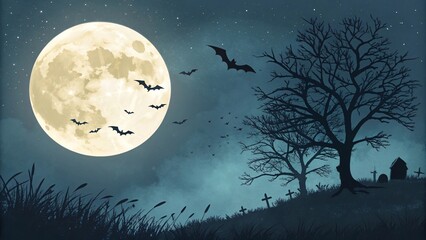 Fototapeta premium Spooky Halloween Night Scene Full Moon Bats Cemetery and Bare Tree Silhouette