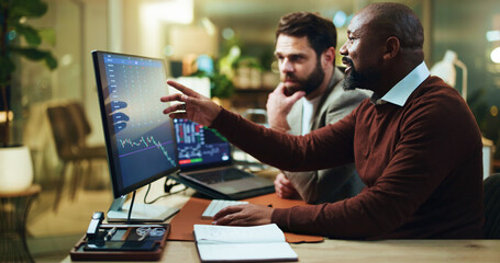 Pointing, trading and computer screen with business people in office for stock market, night and...