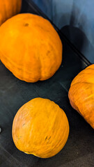 Orange Pumpkin on Wooden background. Halloween and Fall Harvesting Background.