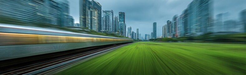 Fototapeta premium A speeding train blurs through a grassy field, tall buildings are in the distant background
