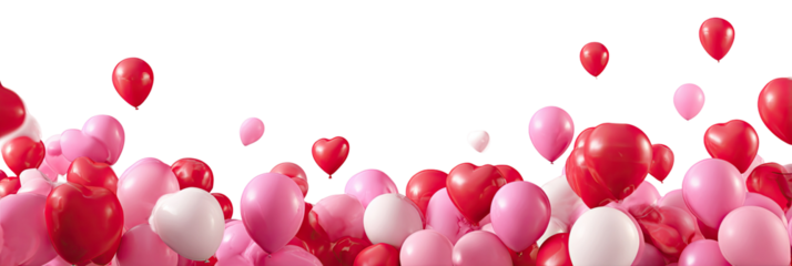 Heart-shaped balloons in pink and red, floating on a black background