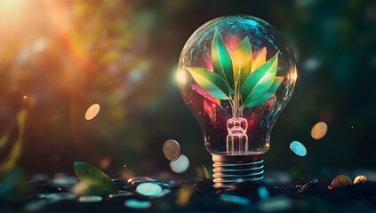 Creative eco bulb with green leaves highlighting renewable and clean energy