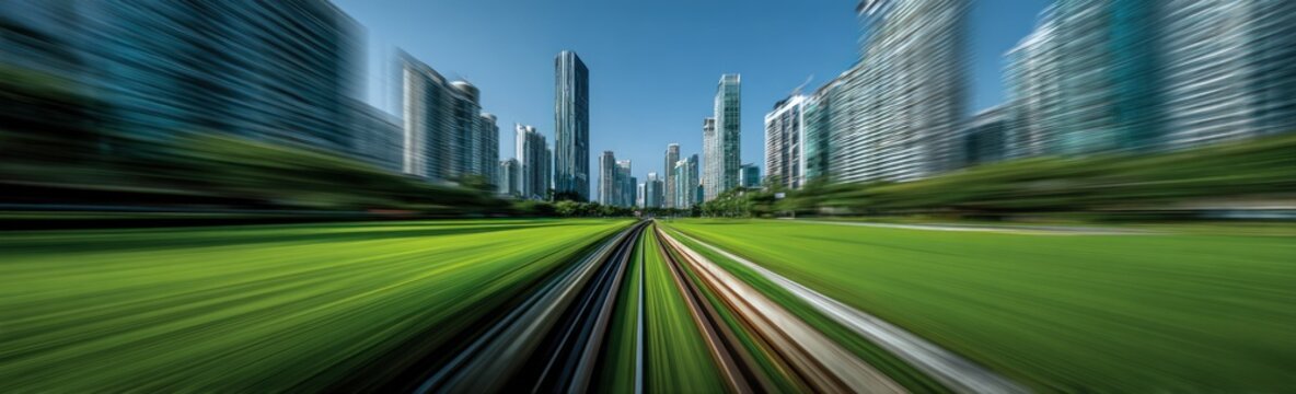 Rail tracks through vibrant green, leading to a cityscape of tall buildings under a blue sky