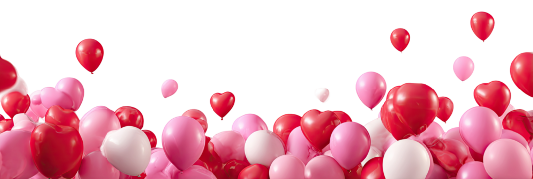 Heart-shaped balloons in pink and red, floating on a black background - Powered by Adobe