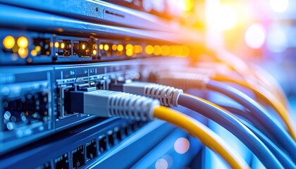 A close-up shows network cables plugged into server hardware with lights blinking, creating a technological, connected environment