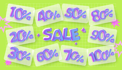3d Sale tags with purple holographic numbers and percentage off. Discount signs Vector designs collection in playful cartoon style. 