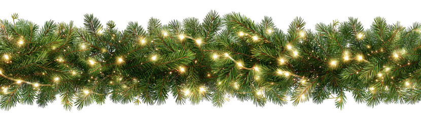 Obraz premium Beautiful garland made of fir tree branches adorned with glowing lights, perfect for festive decorations and creating warm, inviting atmosphere during holiday season