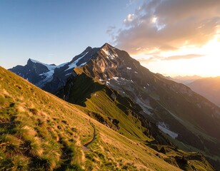 Alpine peak at sunset, grassy hillside path