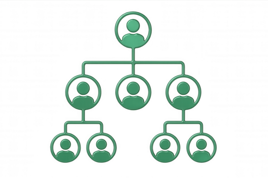 Green hierarchical chart representing a corporate structure on a transparent background, ideal for illustrating business concepts