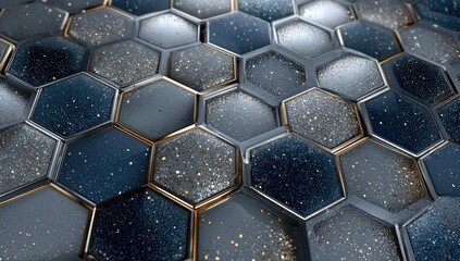 Close-up of hexagon tiles with metallic accents and sparkling, speckled interiors