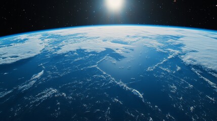 A breathtaking view of Earth from space. The glowing horizon meets the vast ocean beneath. Explore the beauty of our planet. Generative AI