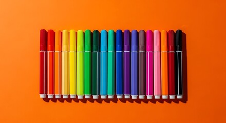 Fototapeta premium Colorful marker pens arranged in a rainbow gradient on a bright orange background.