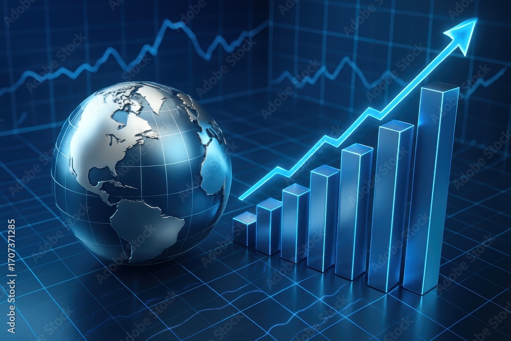 Poster global growth: a digital rendering showcases a luminous globe alongside an ascending line graph with
