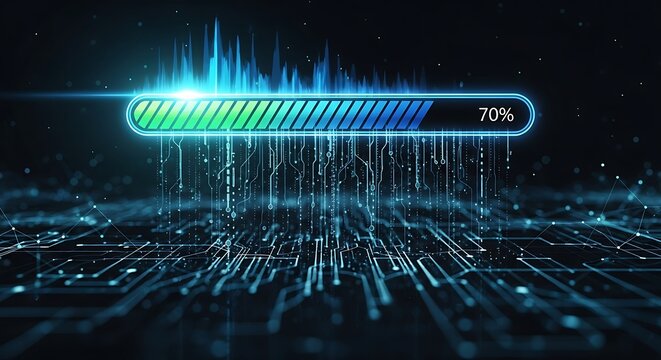 Digital progress bar with glowing lines and data transfer concept.