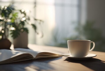 Bright scene featuring a steaming mug, open book and plants on a wooden table bathed in soft sunlight from a window