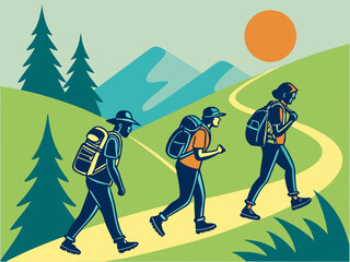 Fototapeta premium Three hikers with backpacks walking together on a winding trail, bright blue sky with a warm orange sun lifestyle, sport, hiking