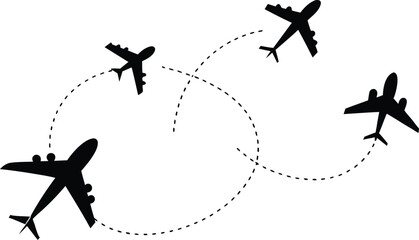 Four black airplane silhouettes with dashed flight paths