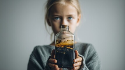 Young girl holding a bottle containing oil spill with worried expression standing against simple clear background representing environmental damage and pollution awareness