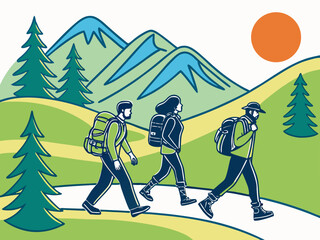 Three hikers with backpacks walking together on a winding trail, bright blue sky with a warm orange sun lifestyle, sport, hiking