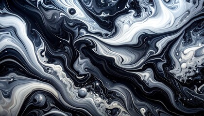 Obraz premium A mesmerizing liquid marble texture with swirls of deep black, white, and subtle hints of metallic silver, creating a sophisticated and luxurious fluid art background.