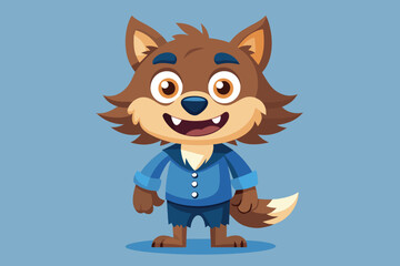 Cartoon wolf character wearing blue shirt and shorts