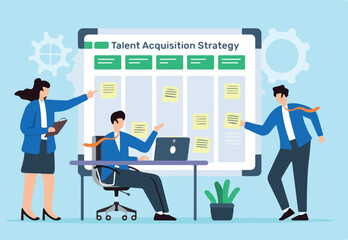 Vector illustration of business professionals collaborate on talent acquisition strategy using sticky notes on whiteboard