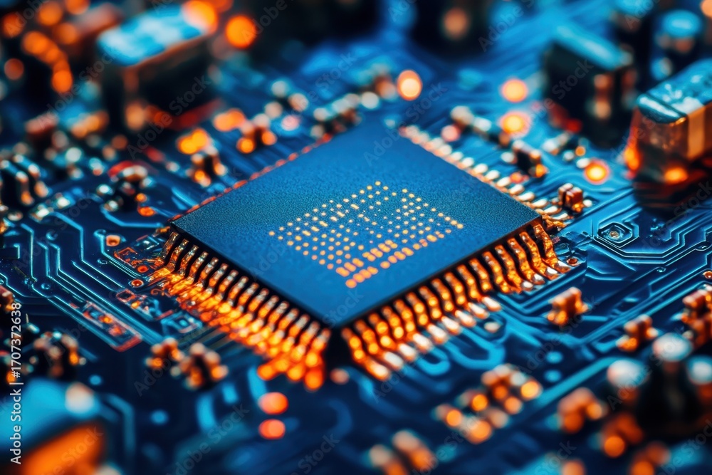 Poster close-up view of a microchip on a circuit board illuminated by blue lights