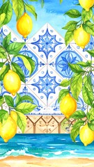 Watercolor lemons and azulejo tiles by the sea