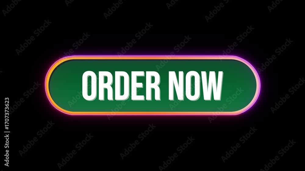 Poster order now, button click animation with computer mouse cursor and luxury neon glow colorful border on