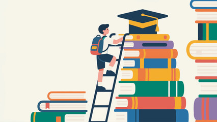 illustration of a boy with a backpack climbing a ladder of books vector design template