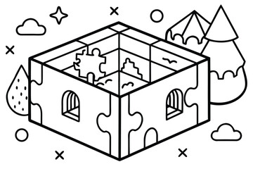 Isometric puzzle box with windows and surrounding abstract shapes